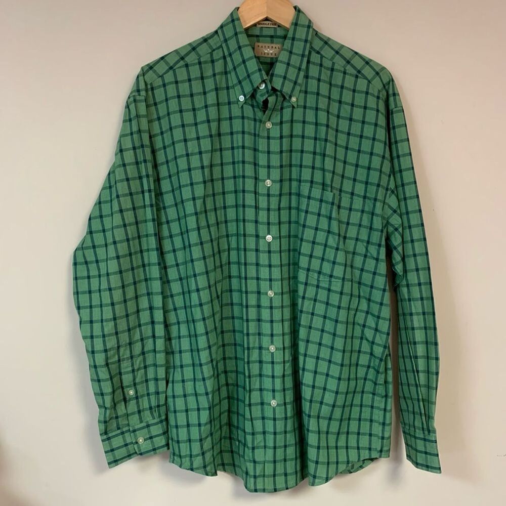 Green Plaid Button Down Men's Large Natural Issue Wrinkle Free Business Casual